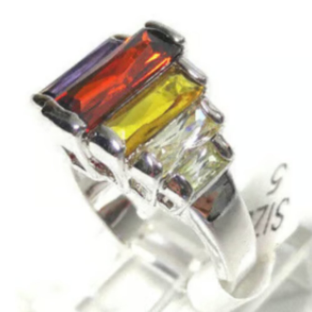 Silver Rhodium Plated Ring Rainbow Multicolor Baguette Crystal SZ5 High End Fine